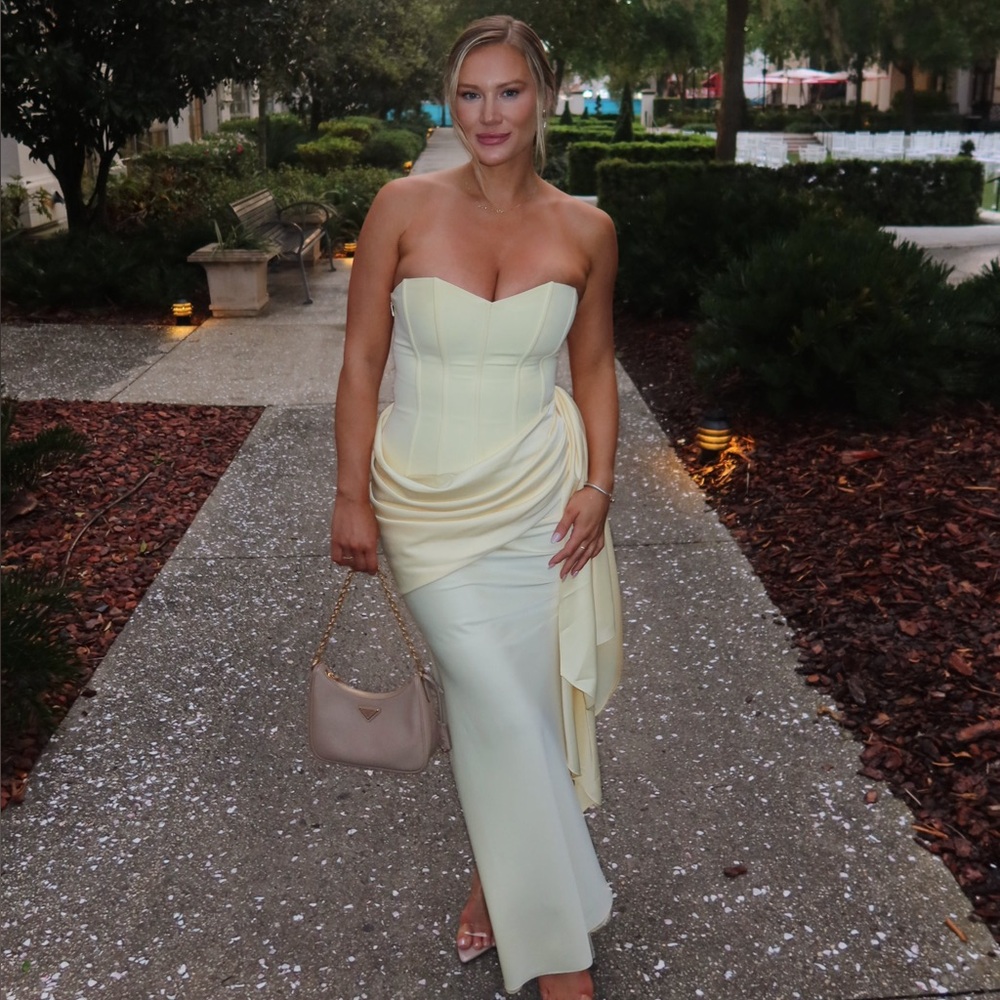 Oakley | Lemon Satin Bandeau Maxi Dress with Draped Skirt | Club L London - Picture 4 of 6